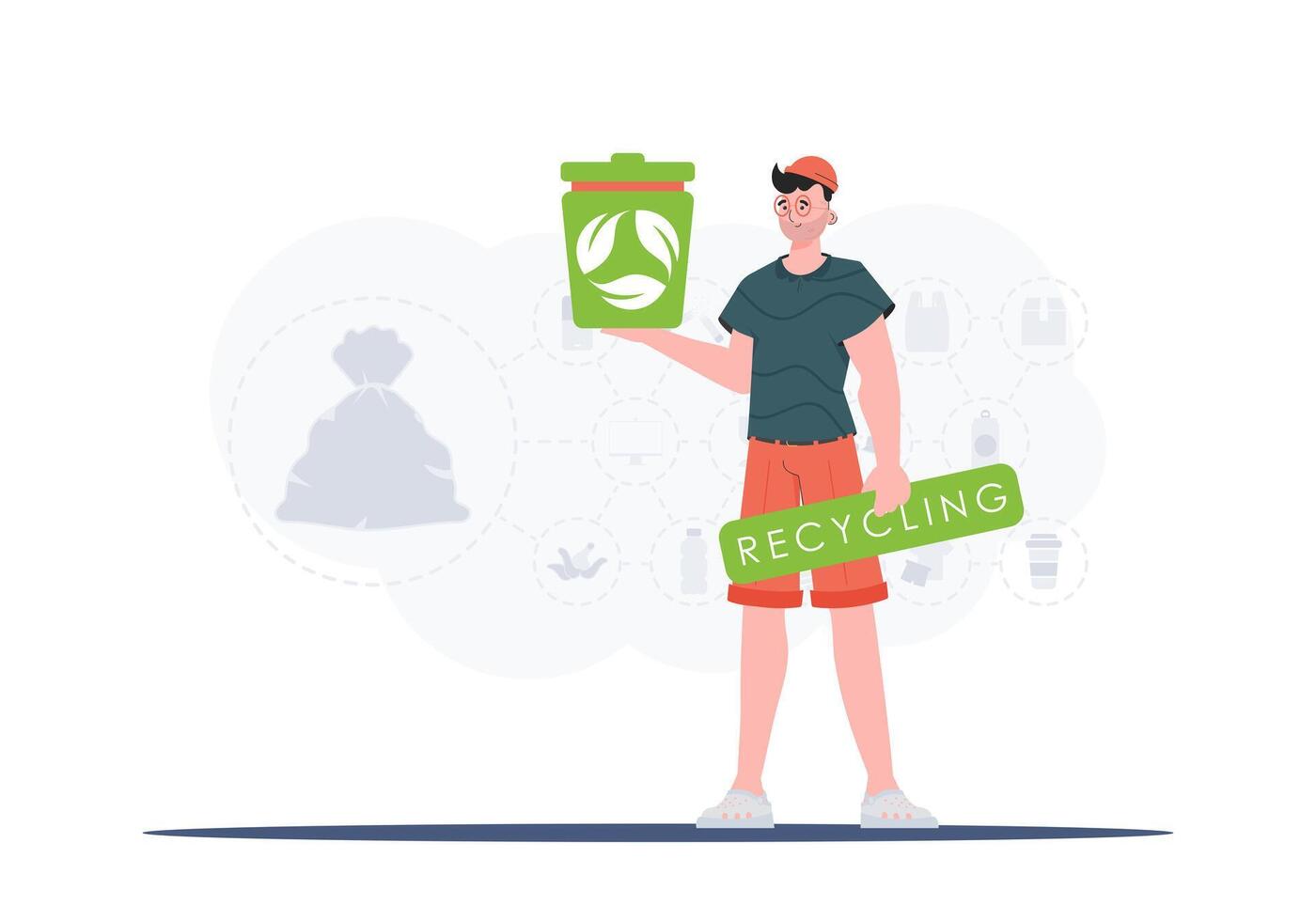 The concept of recycling and zero waste. A man holds a trash can in his hands. Vector illustration Flat trendy style.