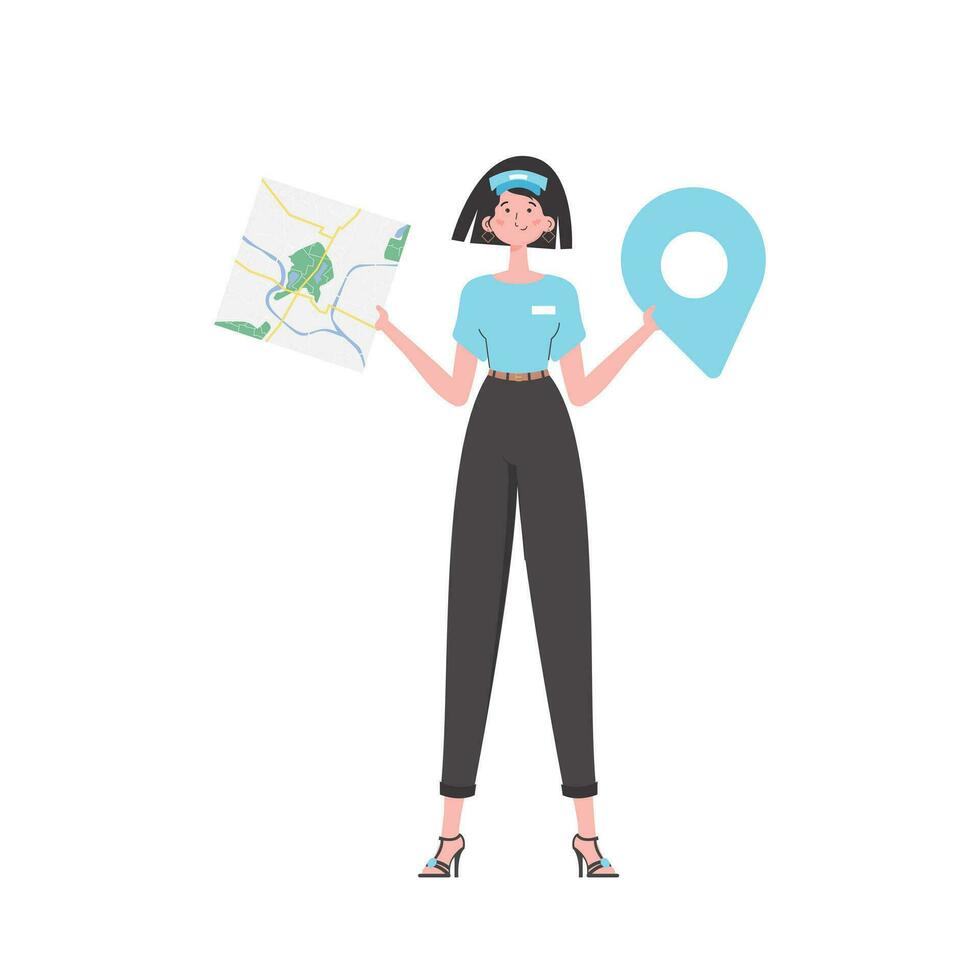 Girl water delivery operator holding a map. The character is depicted in full growth. Isolated. Vector. vector