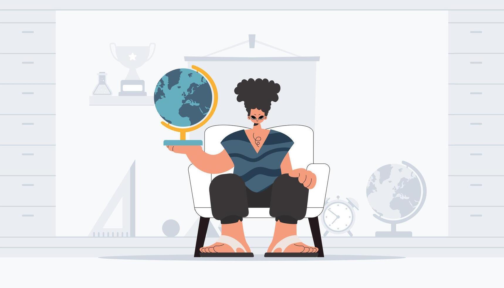 The person is holding a colossal globe, the subject of learning. Trendy style, Vector Illustration
