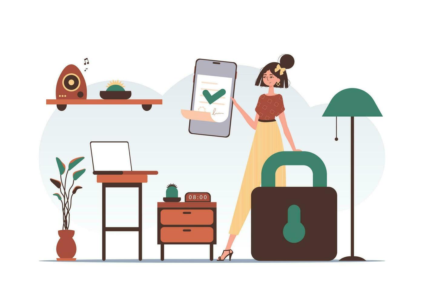 Data protection concept. Smart contract. A woman is holding a contract or document. Modern trendy style. vector