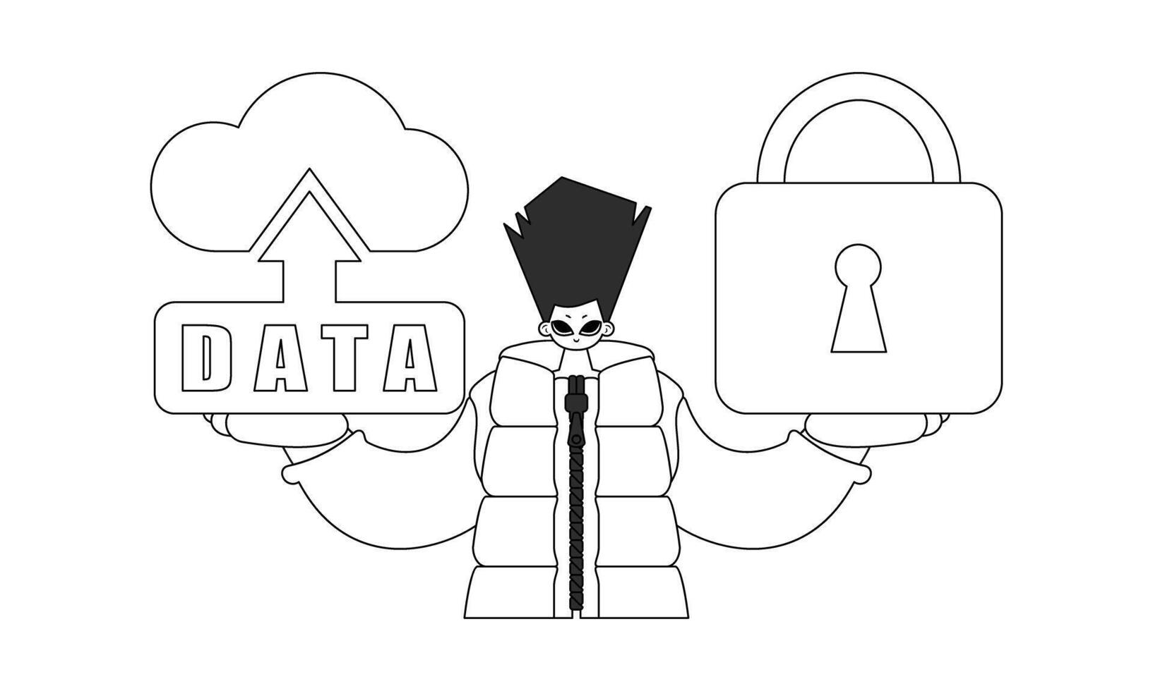 Guy holding logo of cloud storage for Internet of Things in linear vector style