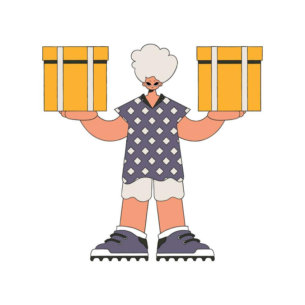 An attractive guy holds boxes in his hands. The essence of delivering packages and freight. vector