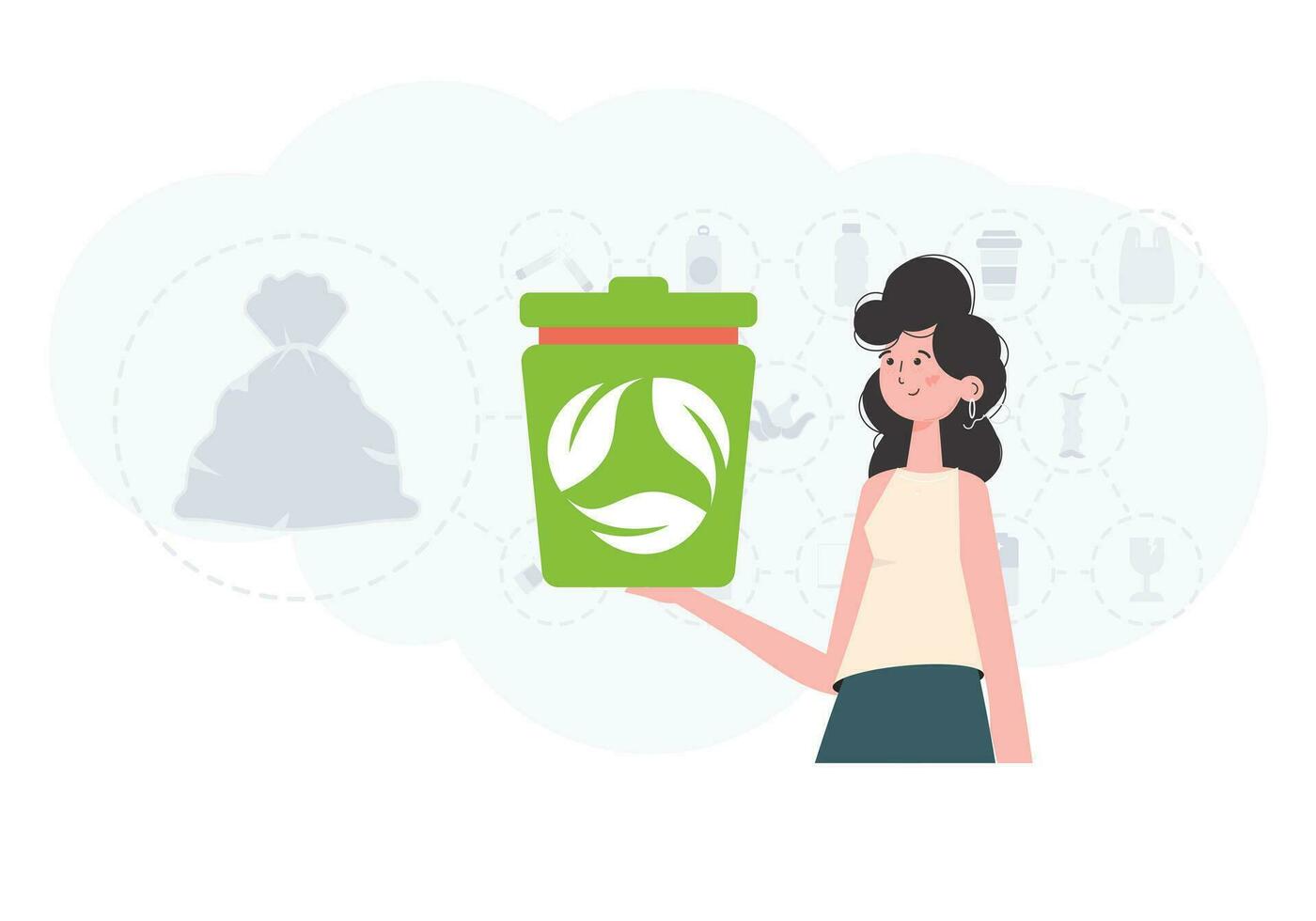 The concept of ecology and recycling. A woman holds an urn in her hands. Trendy character style. Vetcor. vector