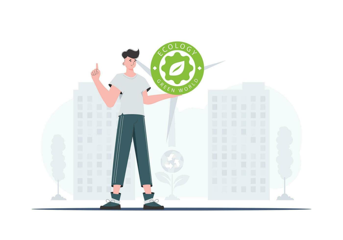 ECO friendly concept. The guy holds the ECO logo in his hands. trendy style. Vector illustration.