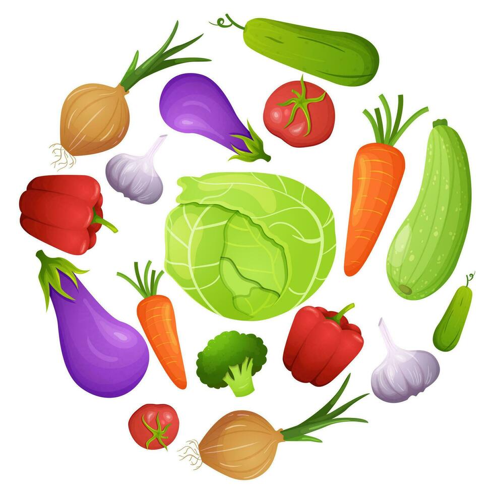 Vegetables round composition with tomatoes, broccoli, eggplant, garlic, onion, cabbage, paprika and cucumber. Healthy eating cartoon vector print.