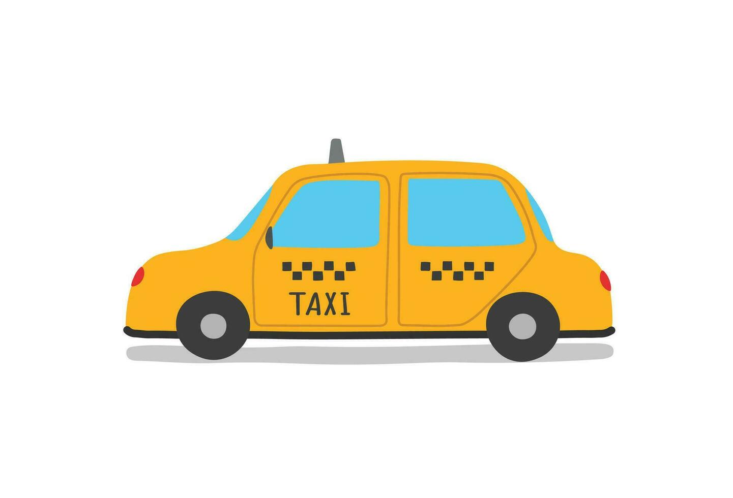 Simple cartoon yellow taxi illustration flat vector. Hand drawn specialty vehicles icon. Transportation element in kid drawing style. Puplic transport. vector