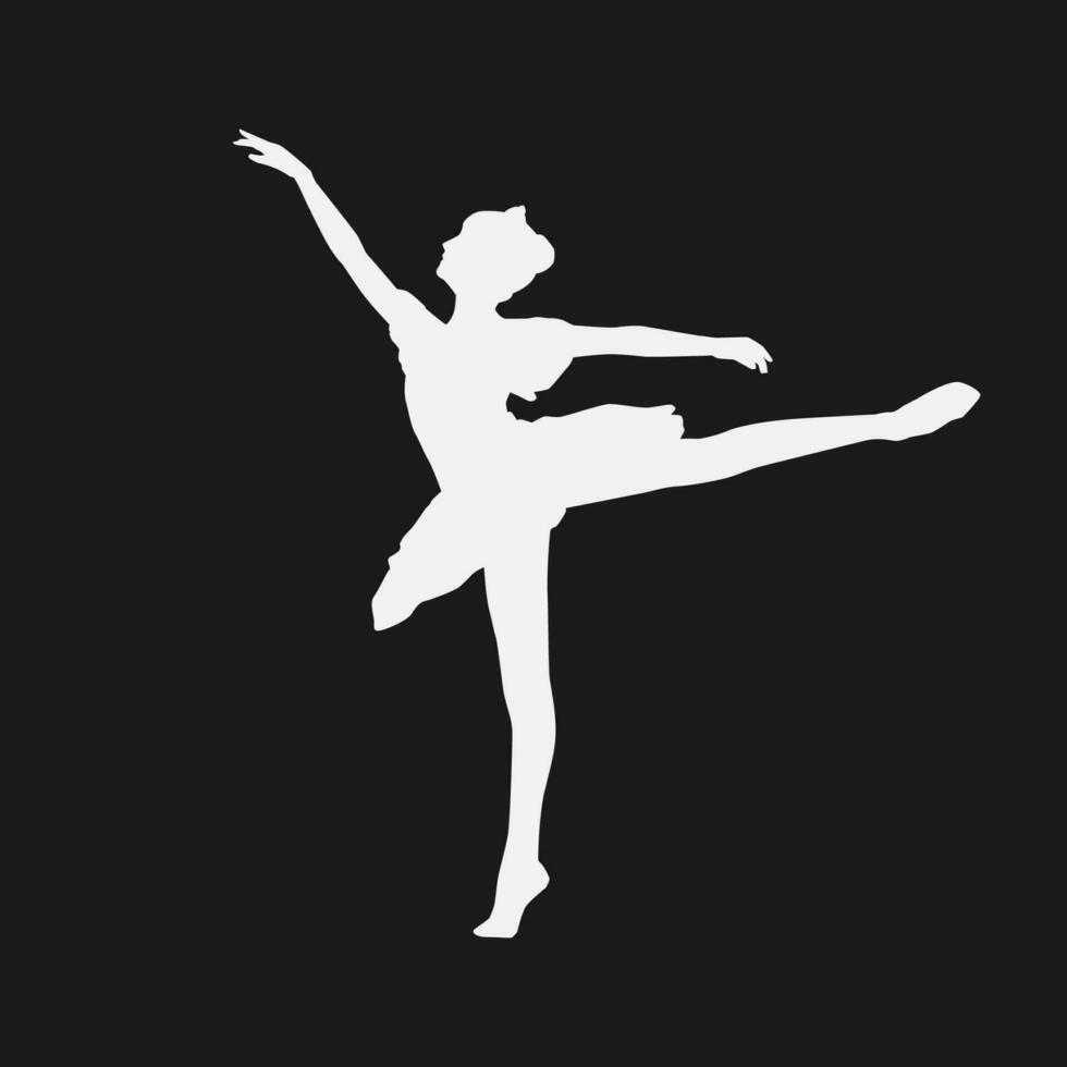 High details of ballerina silhouette. Minimal symbol and logo of sport. Fit for element design, background, banner, backdrop, cover, logotype. Isolated on black background. Vector Eps 10