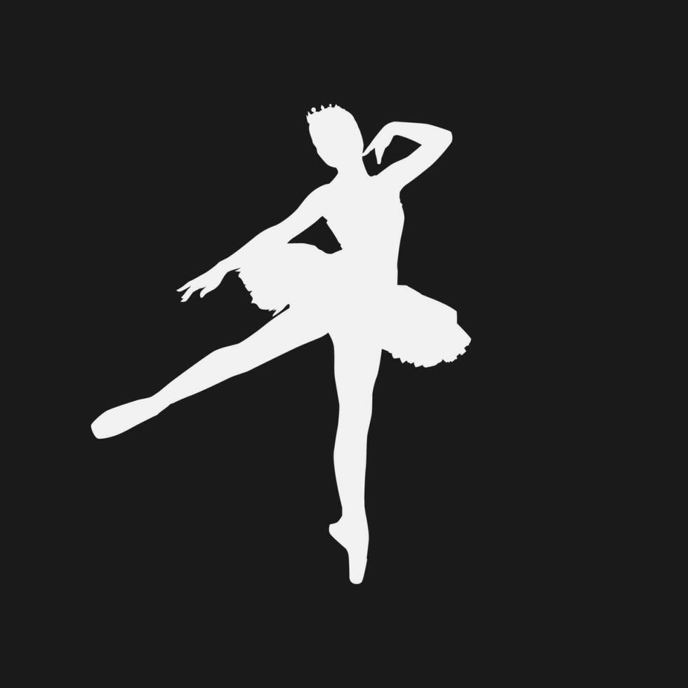 High details of ballerina silhouette. Minimal symbol and logo of sport. Fit for element design, background, banner, backdrop, cover, logotype. Isolated on black background. Vector Eps 10