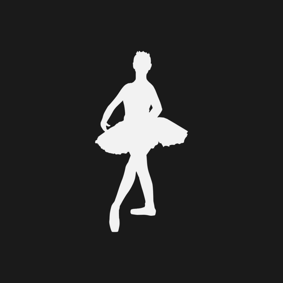 High details of ballerina silhouette. Minimal symbol and logo of sport. Fit for element design, background, banner, backdrop, cover, logotype. Isolated on black background. Vector Eps 10