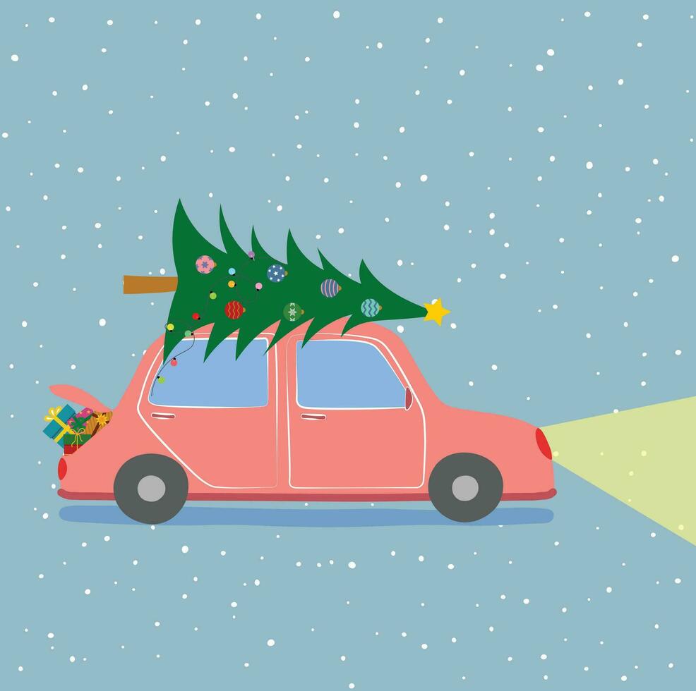 Car with Christmas tree on roof and gifts on trunk illustration flat vector. Snowing background. Chritsmas and New Year concept. Season greating. vector