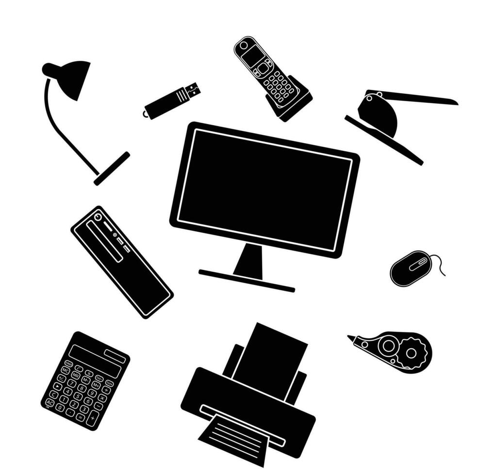 Set of office supplies silhouette flat icon vector isolated on white background. For Back to work concept. Office devices, office supplies. Icon, symbol for web, education, slide