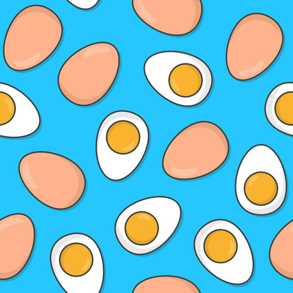 Chicken Boiled Eggs Seamless Pattern On A Blue Background. Eggs Icon Theme Illustration vector
