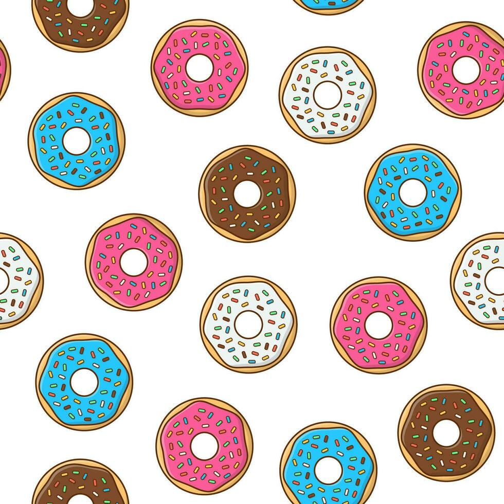 sabroso rosquillas con vidriar y polvo sin costura modelo en un blanco antecedentes. rosquillas icono vector ilustración