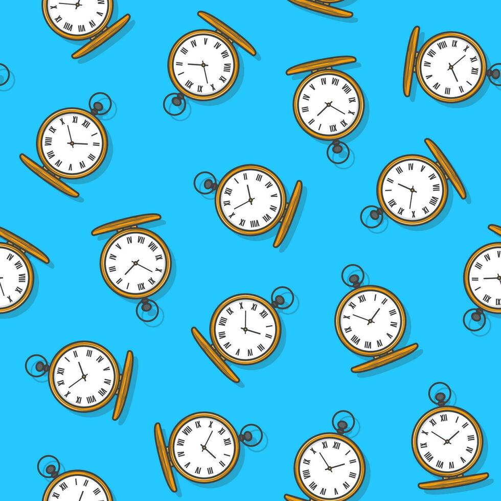 Pocket Watch Time Seamless Pattern On A Blue Background. Old Gold Clock Theme Vector Illustration