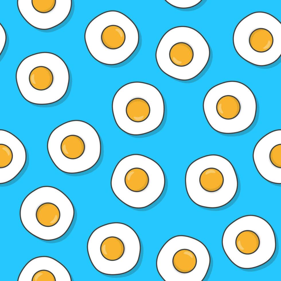 frito huevos sin costura modelo en un azul antecedentes. tortilla huevo tema vector ilustración