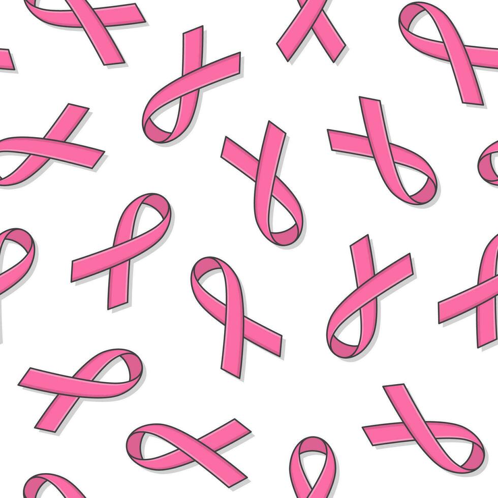 Awareness Ribbon Seamless Pattern On A White Background. Pink Ribbon Icon Vector Illustration