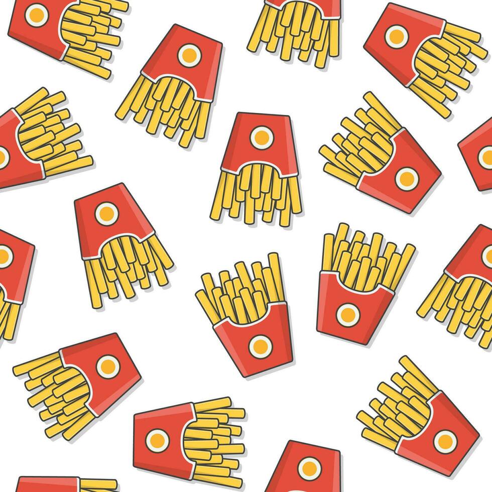 French Fries In Paper Box Seamless Pattern On A White Background. Fast Food Box Icon Vector Illustration