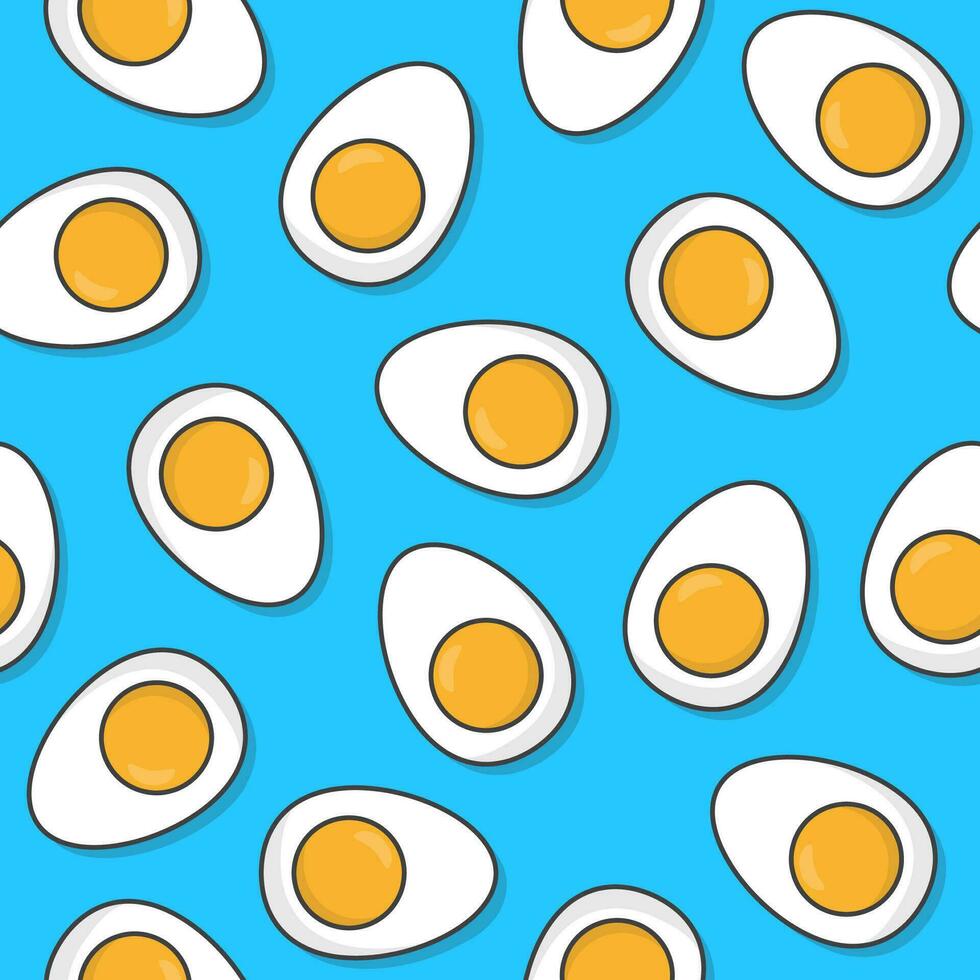 Chicken Boiled Eggs Seamless Pattern On A Blue Background. Eggs Icon Theme Vector Illustration