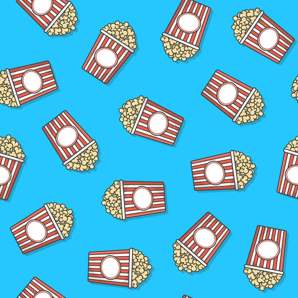 Popcorn Seamless Pattern On A Blue Background. Popcorn Bucket Boxes Icon Vector Illustration
