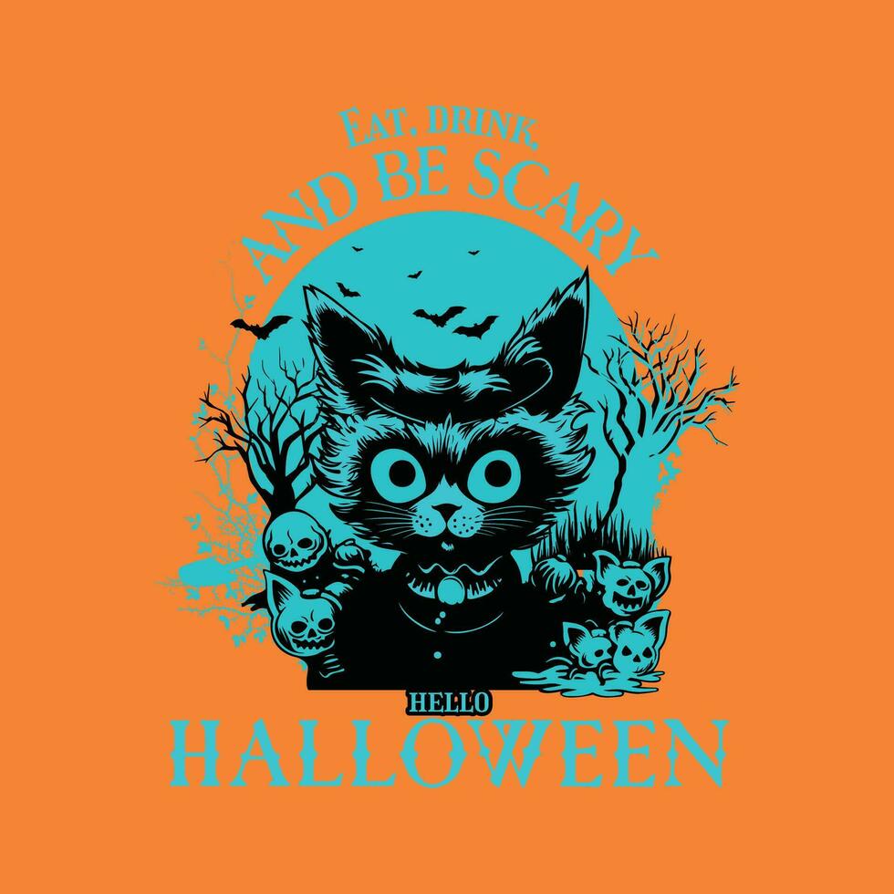 Spooky Halloween Night with a Bewitched Black Cat vector