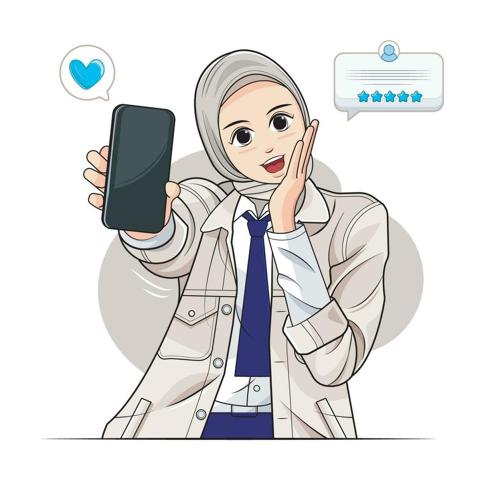 Hijab little kid, school girl. A young girl a hijab is using her phone to get customer feedback. Vector illustration pro download