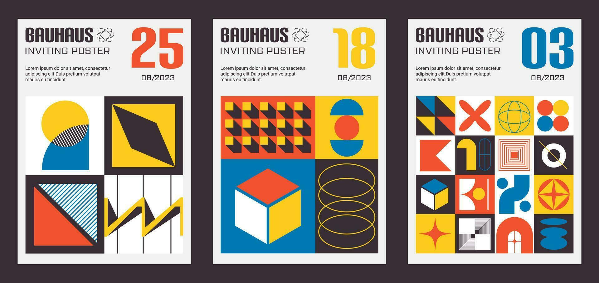 Vertical posters, flyers templates design in y2k Brutalist style. Geometric colorful primitive shapes pattern on cover. Swiss Bauhaus design vector