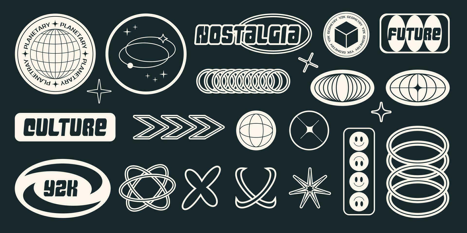 Retro Abstract futuristic sticker black colors. Tehno shape geometric symbols and elements in y2k style. Nostalgia for 2000s vector