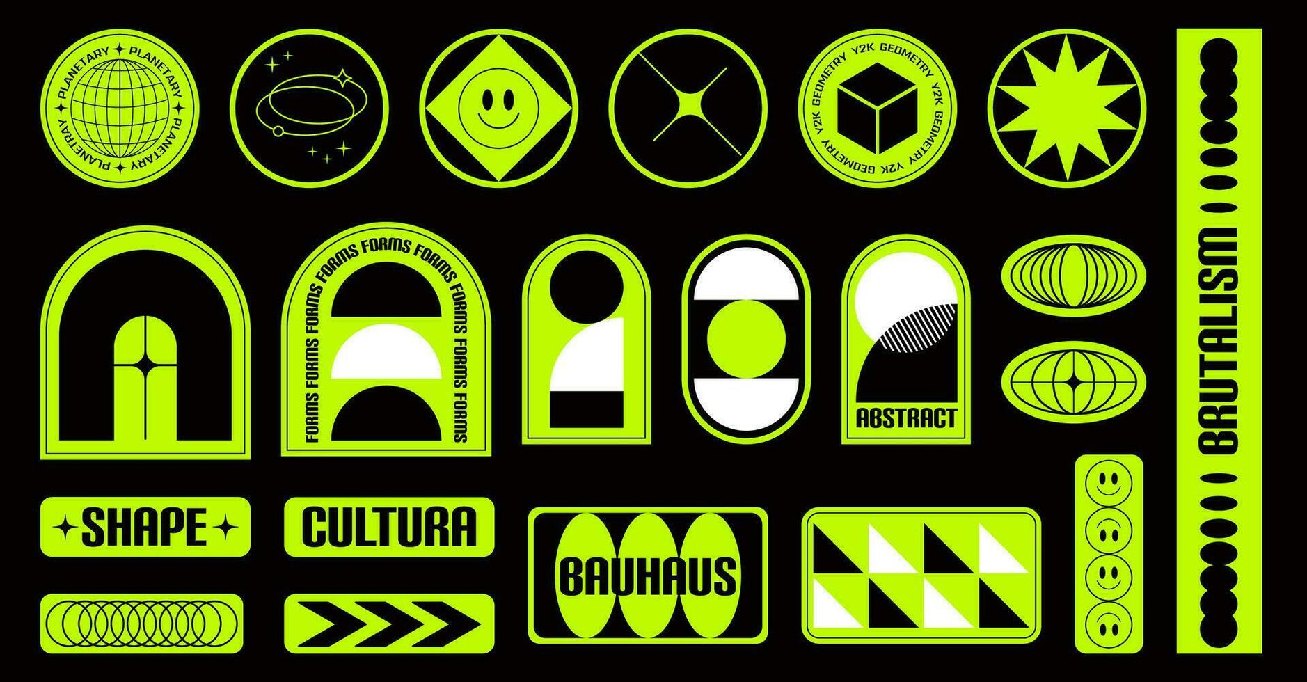 neón pegatinas y2k brutalista diseño de geométrico formas suizo Bauhaus estilo futurista etiquetas con básico cifras, sonrisa vector