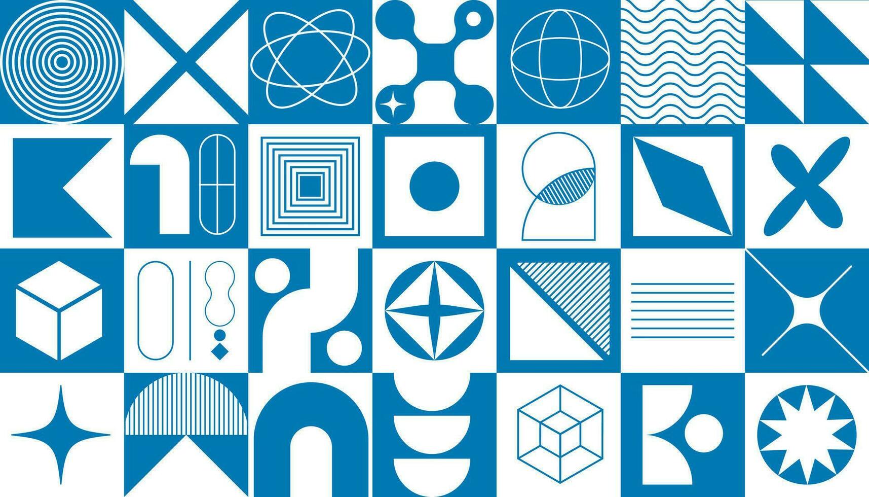 geometric shapes blue color pattern print in Brutalist style. Minimalist Swiss Bauhaus y2k trendy abstract primitive figures and lines design banner vector