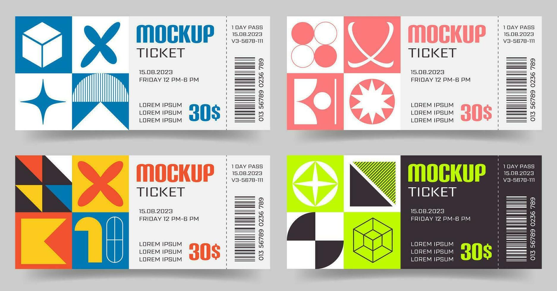 Tickets templates design in Swiss Bauhaus y2k Brutalist style set. Geometric primitive shapes pattern Mockup Coupons in different colors vector