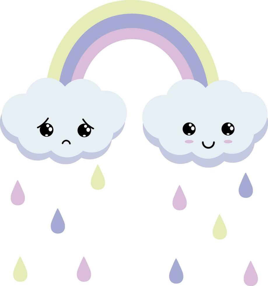 rainbow with kawaii clouds and rain on white background vector