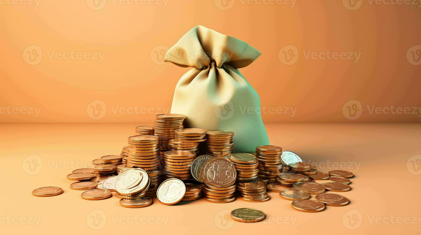 Money, Coins, and A Money Bag on a Minimalist Background, Representing Financial Success photo