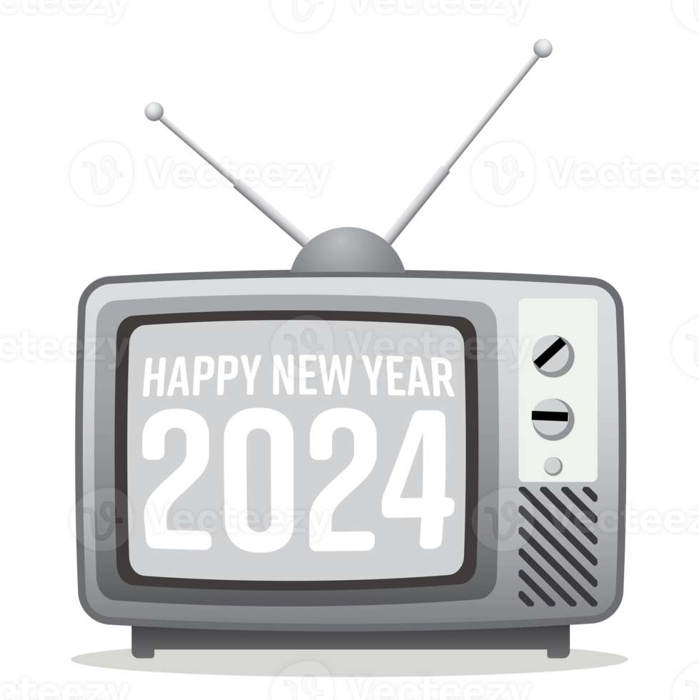 Vintage black and white television showing Happy New Year 2024 flat design. Happy New Year greeting card template. png