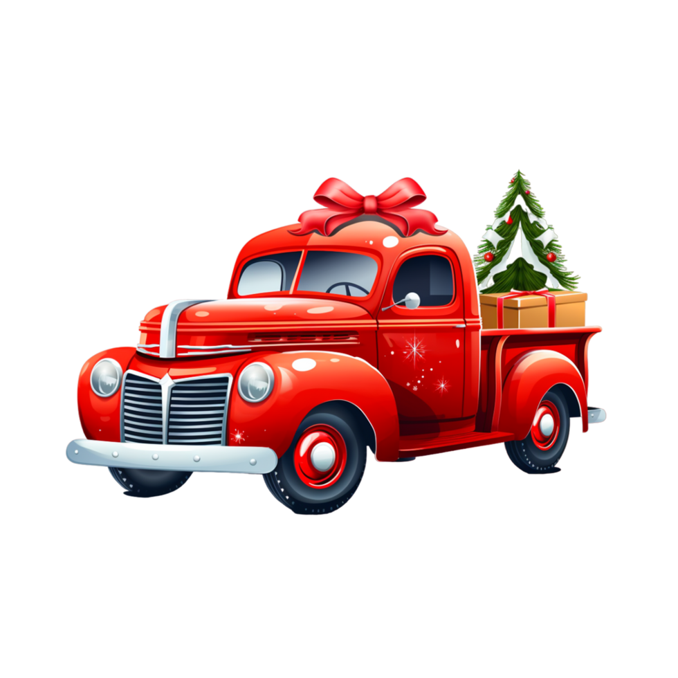 Red christmas pickup truck with a tree in the back Ai Generative png