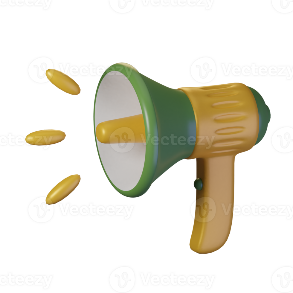 megáfono artículos con un amarillo tema. aislado en alfa antecedentes. 3d ilustración. alto resolución png