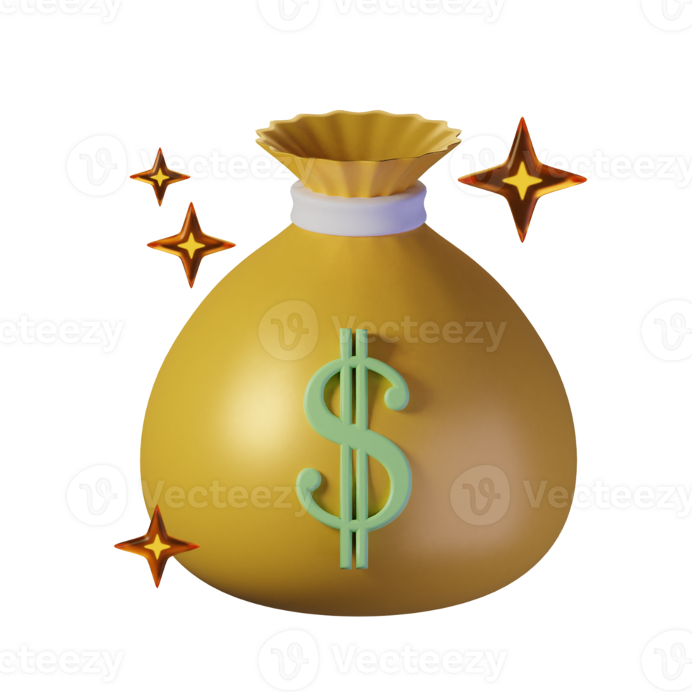 Sack of money items with an yellow theme. Isolated on alpha background. 3D illustration. High resolution png