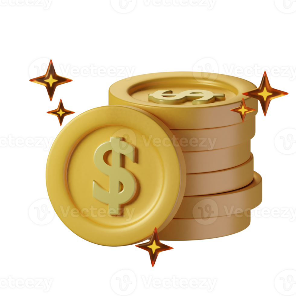 Gold coin items with an yellow theme. Isolated on alpha background. 3D illustration. High resolution png