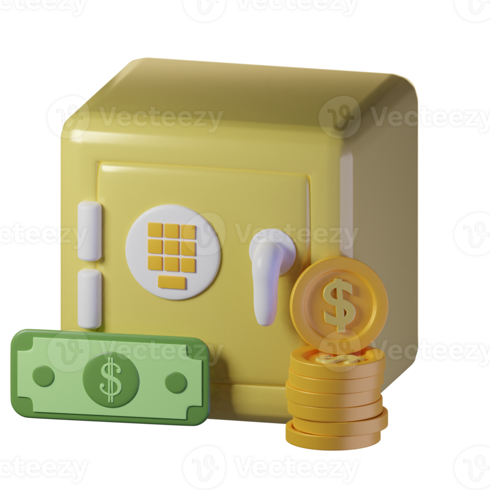 Safe money items with an yellow theme. Isolated on alpha background. 3D illustration. High resolution png