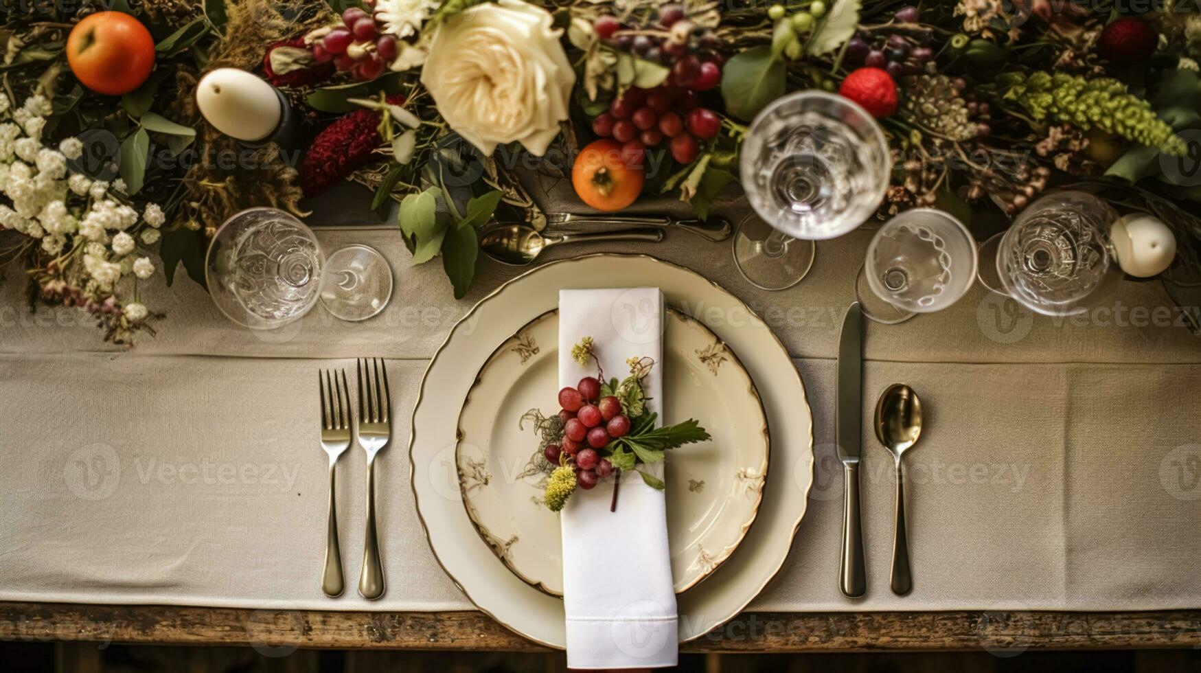 Autumn holiday tablescape, formal dinner table setting, table scape with elegant autumnal floral decor for wedding party and event decoration photo