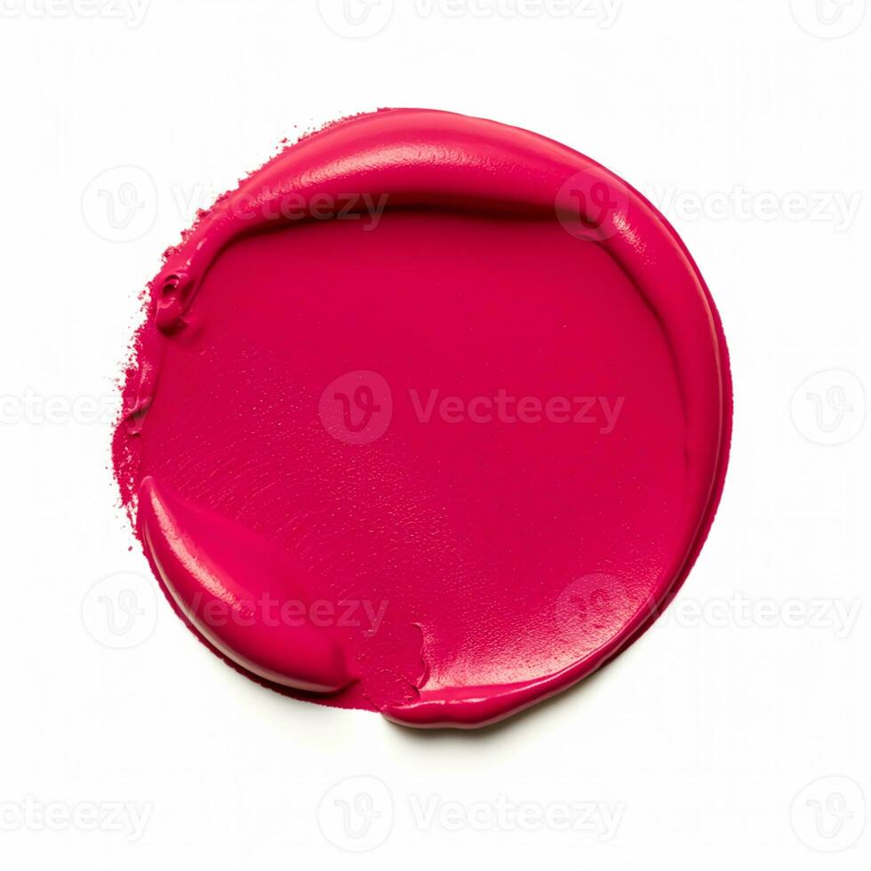 Beauty swatch and cosmetic texture, circle round red lipstick sample isolated on white background, paraffin wax sealing stamp, generative ai photo