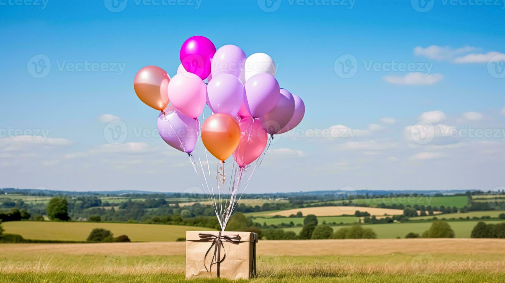 Postal service, shop delivery and online shopping, flying balloons carrying a parcel box in the countryside on a sunny day, generative ai photo