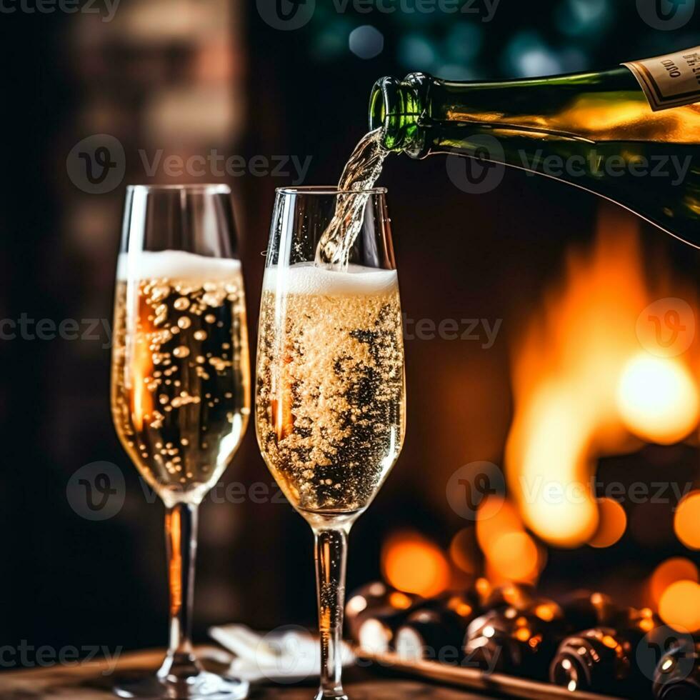 Champagne in front of a fireplace on a holiday eve celebration, Merry Christmas, Happy New Year and Happy Holidays wishes, generative ai photo