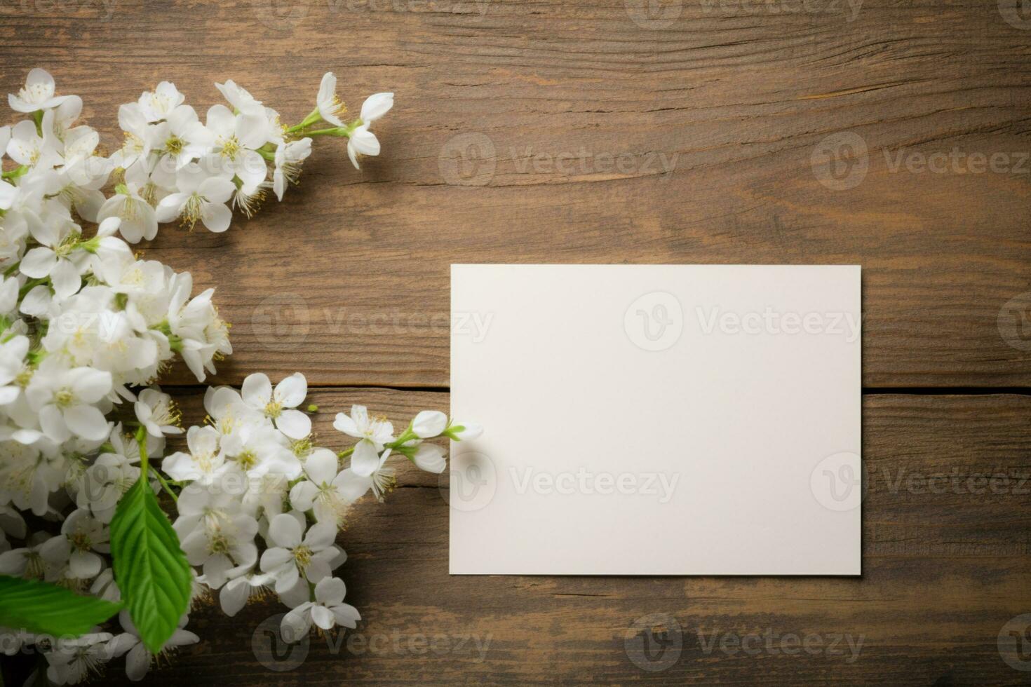 Blank paper and flowers on country rustic wooden table background for printable art, paper, stationery and greeting card mockup photo