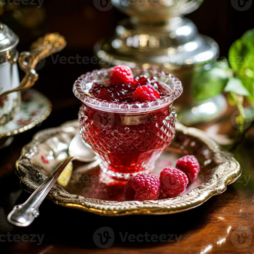Raspberry jam and raspberries in a crystal bowl, country food and English recipe idea for menu, food blog and cookbook photo