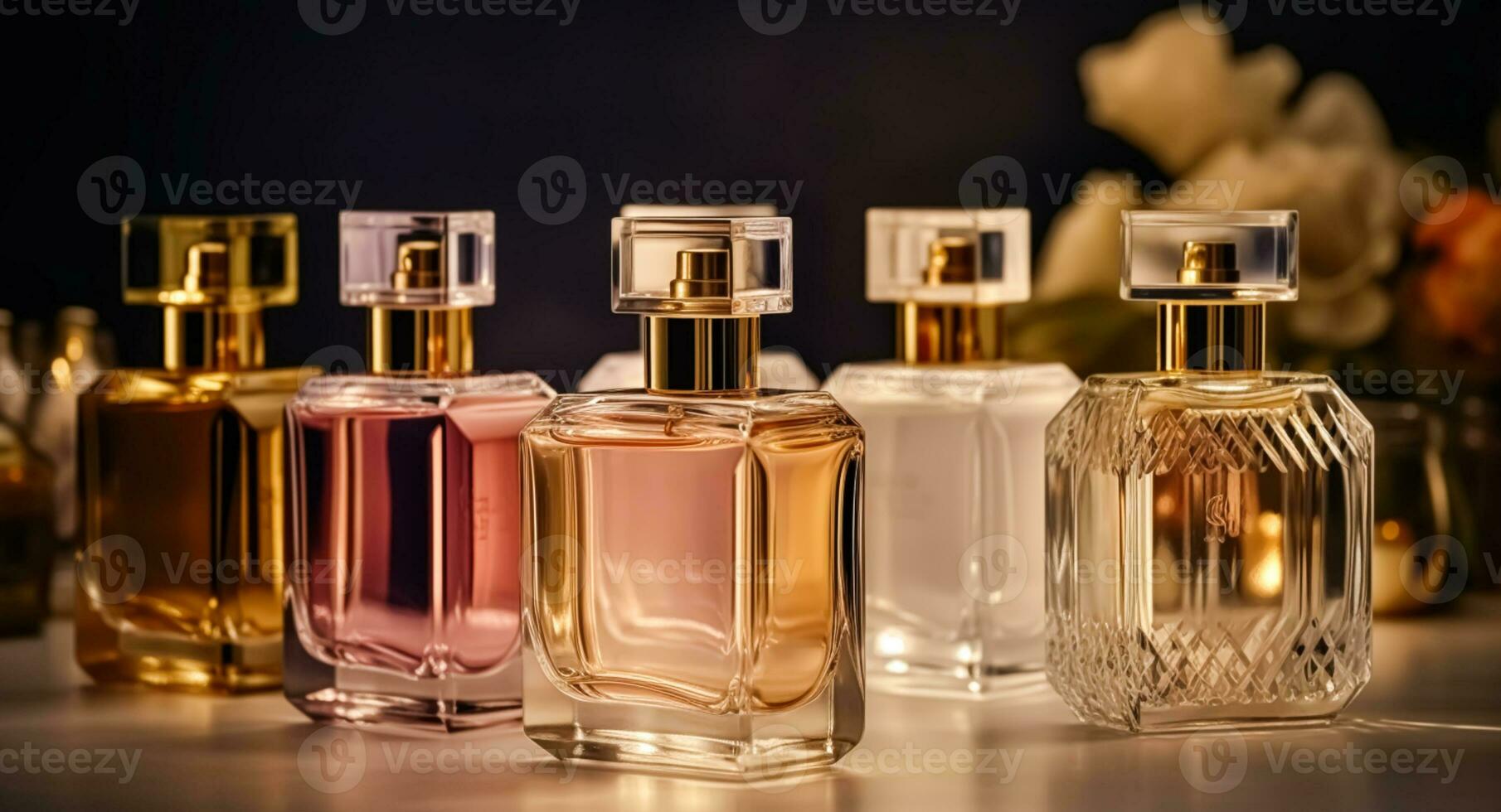 Luxury fragrance bottles at perfume scent at presentation event, bespoke perfumery and beauty product sale, generative ai photo