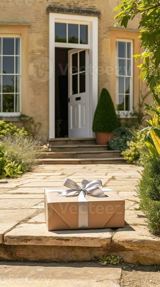 Elegant gift shop delivery, postal service and luxury online shopping, parcel box with a bow on a house doorstep in the countryside, generative ai photo