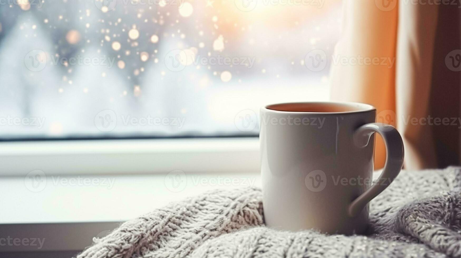 invierno vacaciones, calma y acogedor hogar, taza de té o café jarra y de punto cobija cerca ventana en el Inglés campo cabaña, fiesta atmósfera foto