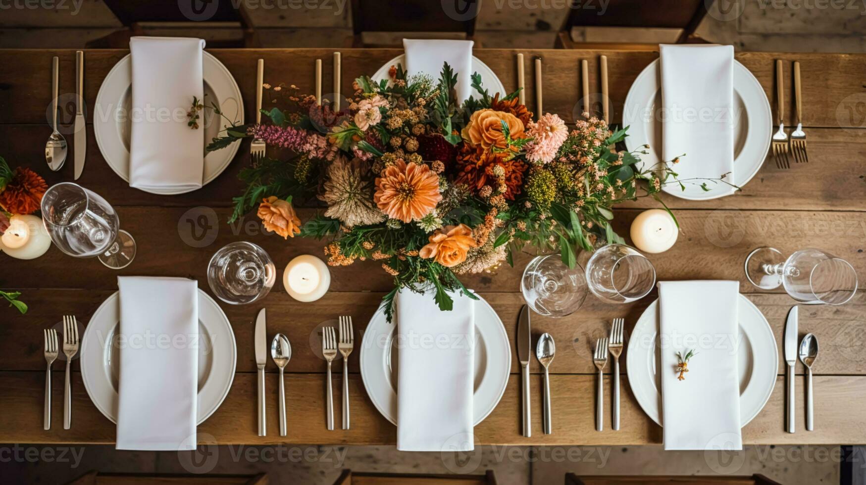 Autumn holiday tablescape, formal dinner table setting, table scape with elegant autumnal floral decor for wedding party and event decoration photo