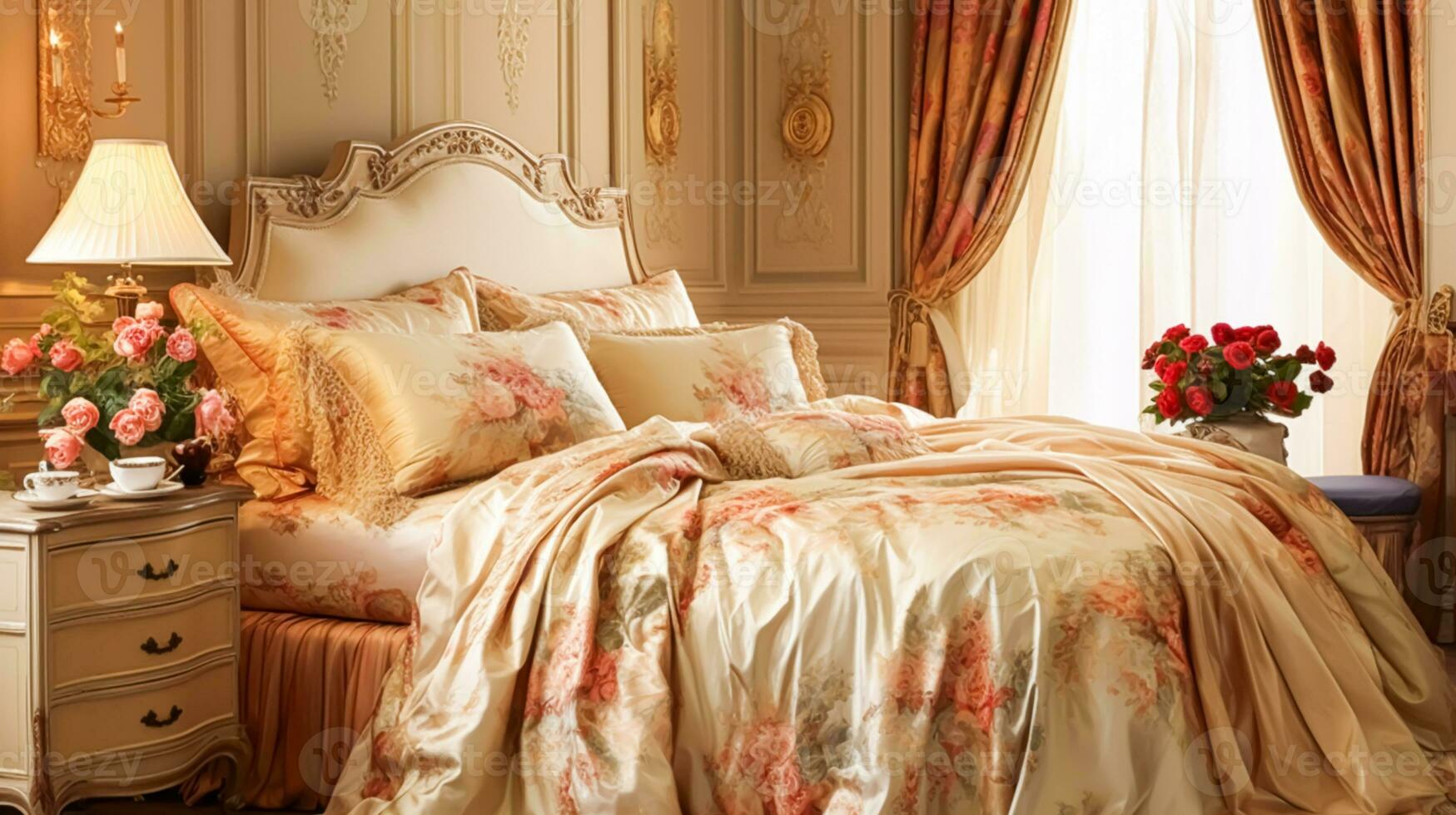 Bedroom decor, interior design and autumnal home decor, bed with silk satin bedding, bespoke furniture and autumn decoration, English country house, holiday rental and cottage style photo