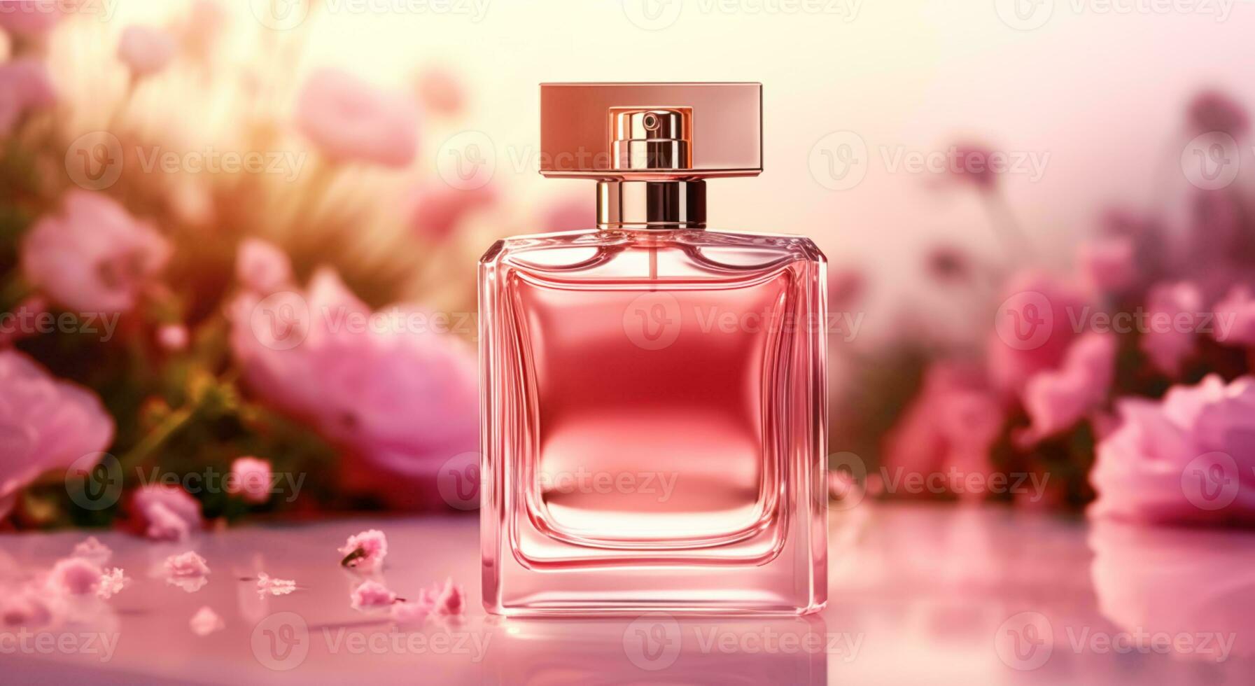 lujoso floral aroma, fragancia botella y rosado flores, perfume comercial en flor jardín, hecho a la medida perfumería y belleza producto venta, generativo ai foto